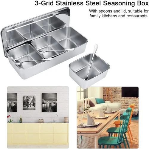 Miniatura 5 de Servidor de condimentos, tarro de condimentos de acero inoxidable de grado alimenticio de 21 onzas con cuchara y tapa, 3 compartimentos extraíbles