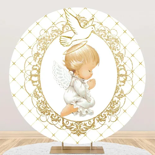 Renaiss Telón de fondo redondo de ángel bebé de 3 x 3 pies, guirnalda brillante de paloma, círculo de ángel pequeño, fondo de fotografía, baby
