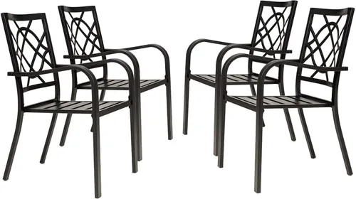 Miniatura 11 de 2 sillas de comedor al aire libre, sillas apilables de hierro forjado para patio, bistró, con reposabrazos para jardín, porche, patio trasero, Negro