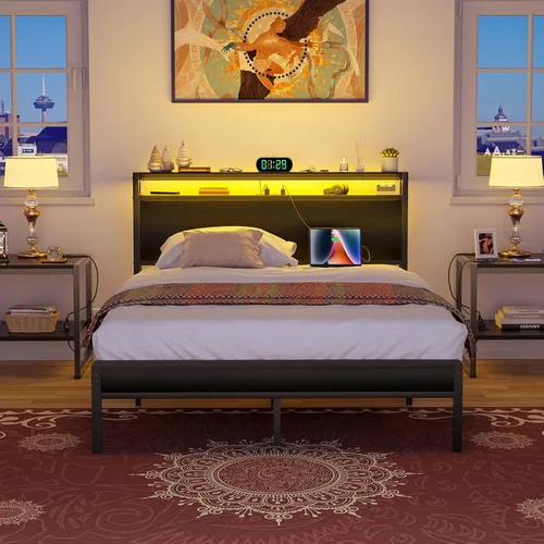 Miniatura 8 de Homieasy Armazón de Cama Full Size con Cabecero, Armazón de Cama Full de Metal Industrial con Estación de Carga y Luces LED, Cama Plataforma Sin