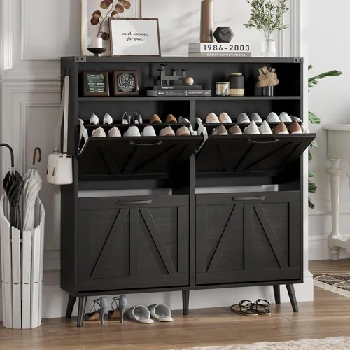 Miniatura 10 de Halitaa - Gabinete para zapatos con 2 cajones abatibles y almacenamiento abierto, gabinete de almacenamiento de zapatos estilo granja para entrada