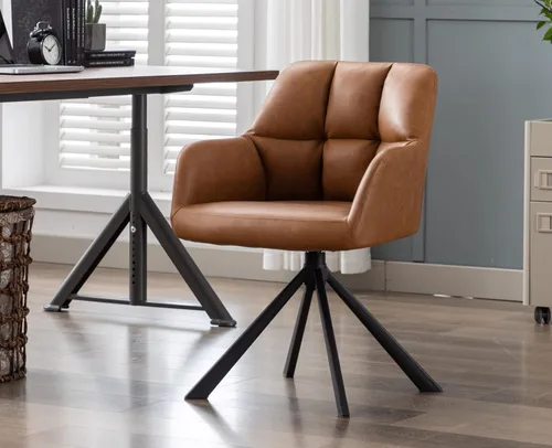 Miniatura 11 de EALSON Cómoda silla de escritorio de terciopelo moderna para computadora, sin ruedas, silla giratoria con brazo de respaldo medio para sala de Beige