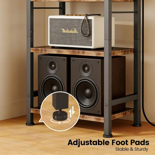 Miniatura 8 de Homeiju Soporte multimedia AV de 4 niveles con toma de corriente, soporte de madera para tocadiscos, centro de entretenimiento con estantes