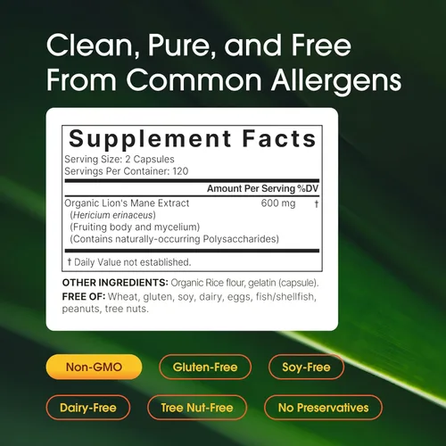 Miniatura 3 de NatureBell Melena de león - 240 cápsulas - Cuerpo fructífero orgánico y micelio - Soporte cerebral, inmunológico y energético* - Extracto de alta