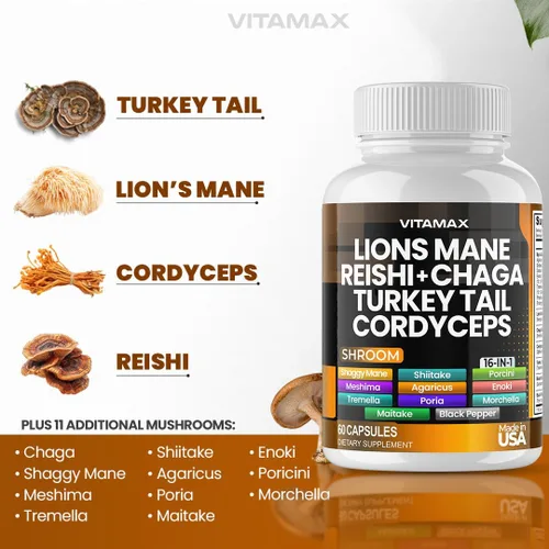 Miniatura 2 de Vitamax Champiñón de melena de leones, cola de pavo, Chaga y Reishi, Cordyceps Shiitake White Elm King Trompet Nameko Oyster Porcini Focus & Energy