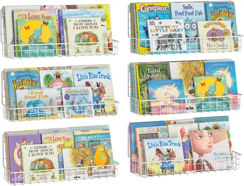 Miniatura 8 de X-cosrack Paquete de 4 estanterías de metal montadas en la pared, estantes flotantes para libros para niños, guardería, aula infantil, organizador