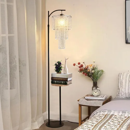 Miniatura 7 de Lámpara de pie de arco con mesa y estantes, lámparas de pie de cristal para sala de estar, regulable, elegante, moderna, LED, lámpara de pie
