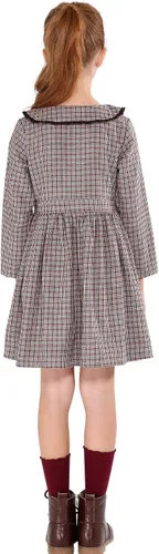 Miniatura 2 de SOLOCOTE Vestido a cuadros para niñas, de algodón, casual, de primavera, manga larga, cuello Peter Pan, 3-14 años