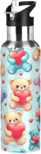 Insulated Water Bottle 32 Oz, BPA-Free Sports Water Bottle with Straw for Gym Outdoor Travel School, Cute Bears Red Hearts
