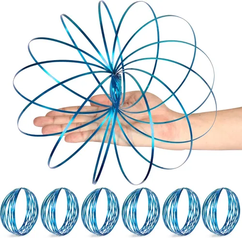 Paquete de 6 anillos giratorios azules con brazo mágico de resorte, anillo de escultura de brazo mágico de colores, primavera cinética, interactivo,