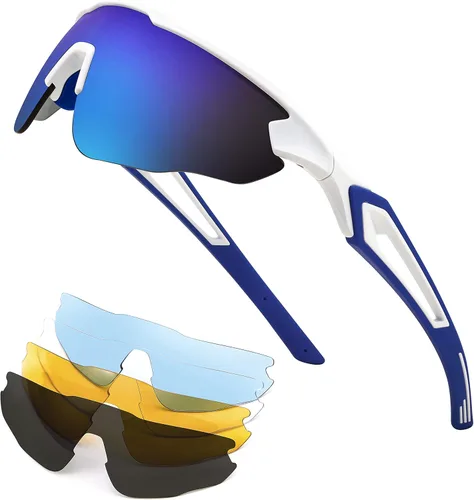 FEISEDY Gafas de sol deportivas, con 5 lentes para hombres y mujeres, TR90 ligeras, béisbol, ciclismo, motocicleta, correr, golf, B2940 Marco blanco