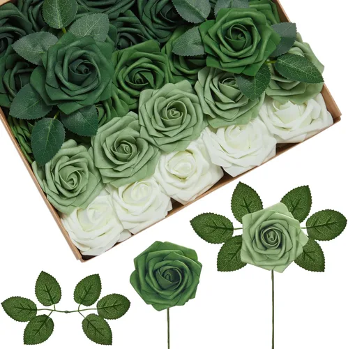 Miniatura 22 de InnoGear Flores artificiales, 100 rosas falsas de espuma blanca a granel con tallos para decoración, ramos de boda, centros de mesa, despedida