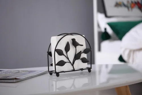 Miniatura 4 de Servilletero clásico de hierro fundido con forma de pájaro y árbol/Dispensador independiente de pañuelos de mesa, negro