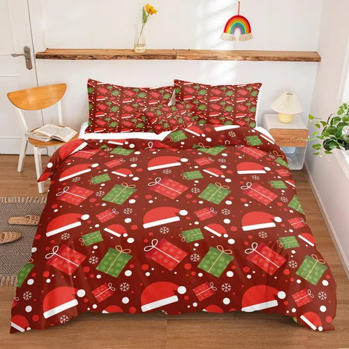 Miniatura 26 de Juego de ropa de cama de Navidad con funda de edredón de copos de nieve, color blanco y rojo, con estampado navideño, juego de ropa de cama festiva