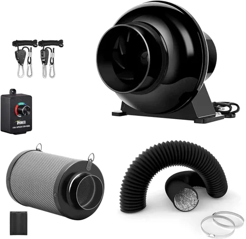 Miniatura 9 de iPower - Ventilador en línea de 4 pulgadas, filtro de carbono de aire, conductos negros de 2.4 m, controlador de velocidad, gancho de cuerda