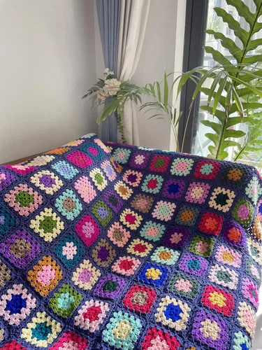 RISEON - Manta cuadrada de ganchillo hecha a mano con diseño de abuelita, colcha de ganchillo, multicolor, decoración de viaje bohemia para sofá,