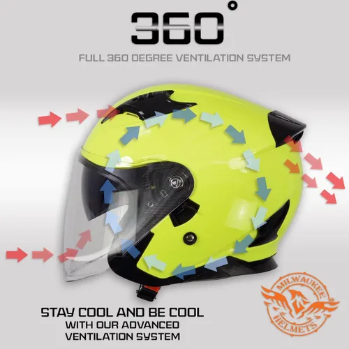 Miniatura 5 de Milwaukee Helmets MPH9823DOT 'Shift' - Casco de cara abierta 3/4 amarillo neón para hombres y mujeres con visera tintada desplegable