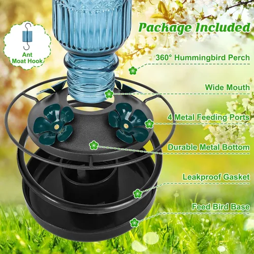 Miniatura 2 de FEED GARDEN Comedero de vidrio para colibríes para colgar al aire libre, comedero de colibríes de 16 onzas con 4 puertos de alimentación con Azul