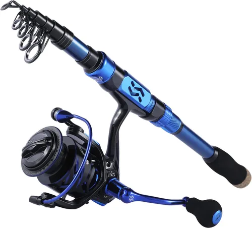 Sougayilang - Combos de carretes y cañas de pescar, fibra de carbono 24 toneladas, carretes y cañas telescópica portátiles para viajes, pesca en Azul