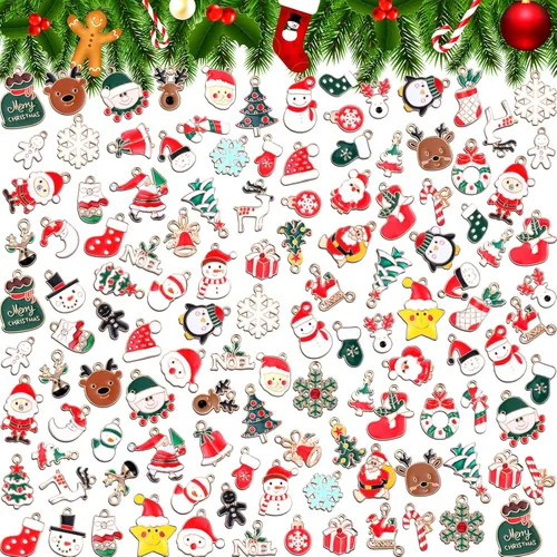 Tudomro - 200 piezas de dijes navideños para hacer joyas y pulseras, Santa Claus, muñecos de nieve, alces, árbol de Navidad, colgante de aleación