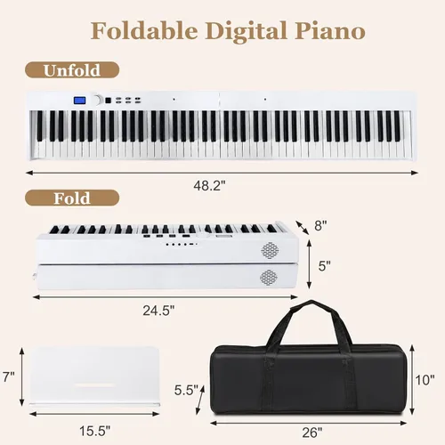 Miniatura 7 de Costzon Teclado de piano digital plegable de 88 teclas, teclado semipesado de tamaño completo, piano eléctrico portátil con MIDI, función dividida