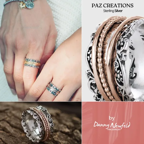 Miniatura 4 de Paz Creations - Anillo giratorio de plata de ley 925 hecho a mano, hipoalergénico, sin níquel ni plomo, fabricado en Israel, plata, oro amarillo