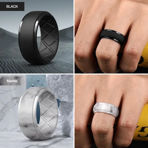 Miniatura 53 de Egnaro - Anillos de silicona para hombre, 25/64 pulgadas (10 mm) de ancho y 3/32 pulgadas (2.5 mm) de grosor, alianzas de boda de goma, paquete