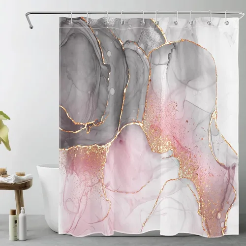 Miniatura 8 de LB Cortina de ducha abstracta de mármol, textura de mármol rosa y negro, cortina de ducha de arte moderno para baño, 60 x 72 pulgadas, tela