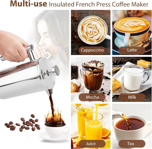 Miniatura 5 de Miuly French Press - Prensa de café de acero inoxidable 304 con doble aislamiento de 34 onzas, cafetera de acero inoxidable (34 onzas, plateada)