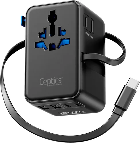 Ceptics Adaptador de viaje universal GAN de 100 W con cable USB-C retráctil, 2 puertos USB-A y C, entrada universal y 1 entrada USA/JP, adaptador