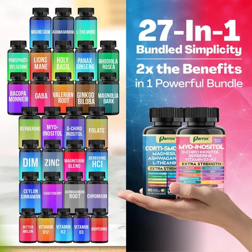 Miniatura 5 de Paquete de Suplementos Parox Cortisol y Myo-Inositol, Paquete de Calma y Suavidad, Equilibrio de Cortisol 13-en-1, Magnesio, Ashwagandha, L-Teanina