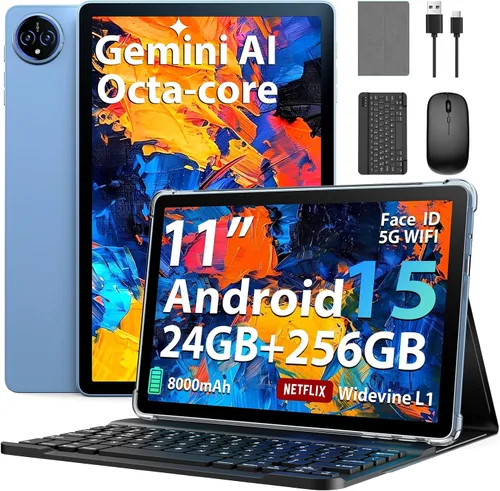 Suicoey Tablet Android 15 de 11 pulgadas 2026 con teclado, 24 GB de RAM + 256 GB de ROM, 2 TB Expand, Octa-core, 8000mAh, 5+13MP, 2.4G y 5G WiFi,