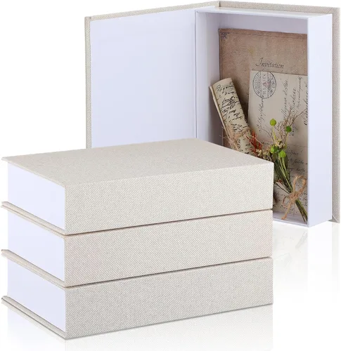 Miniatura 14 de Tioncy Caja de libros falsos de lino neutro, 3 piezas, decoración de imitación para decoración del hogar, estantes, mesa, tarjetas, fotos, regalo