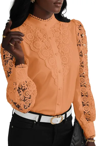 Miniatura 18 de Rooscier Blusa Elegante de Encaje de Crochet con Cuello Alto Simulado de Manga Larga con Botones para Mujer Top