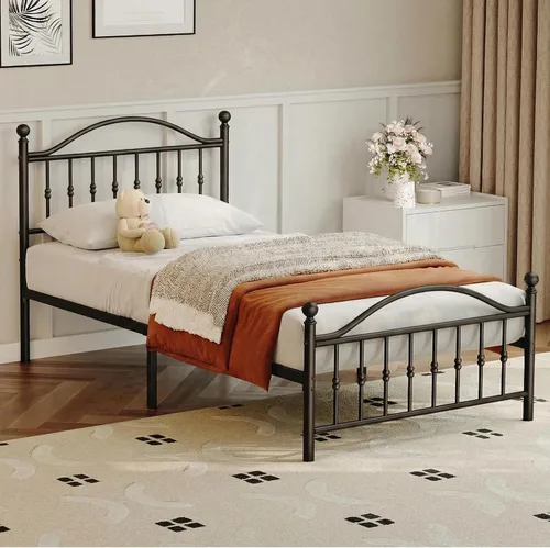 IDEALHOUSE Base de cama de tamaño individual, base de cama clásica de metal con cabecero/estribo vintage victoriano, base de colchón sin ruido,
