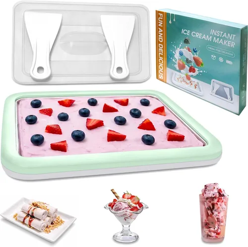 Rolled Ice Cream Maker 10.24'' x 8.24'' w/Lid and 2 Spatulas, SUS 304 Home DIY Instant Ice Cream Tray for Soft Serve, Slushies, Frozen Yogurt,