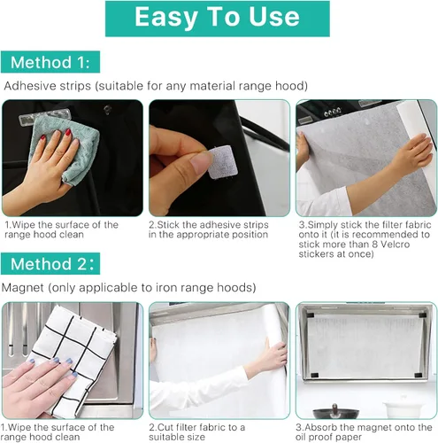 Miniatura 8 de 2 rollos de filtros para campana extractora, filtro de repuesto de tela no tejida con tiras adhesivas y bloque magnético, papel de filtro antiaceite