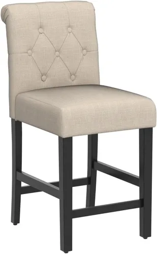 Miniatura 5 de GOTMINSI Taburetes de tela beige de 24 pulgadas, juego de 2 sillas tapizadas de altura de mostrador con decoración copetuda de estilo ocio