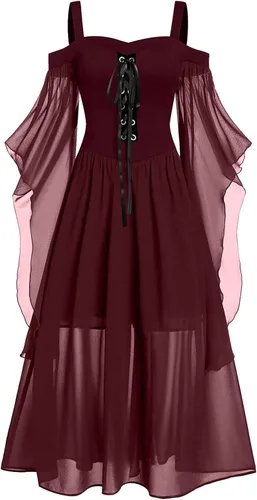Miniatura 7 de Vestido gótico renacentista para mujer, disfraz de Halloween, hombros descubiertos, encaje y manga de trompeta, vestido medieval steampunk