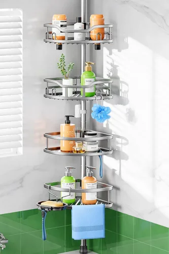 Miniatura 8 de HAMITOR Organizador de Ducha con Soporte Esquinero: Estante de Almacenamiento de Baño a Prueba de Óxido de Instalación Rápida en Piso