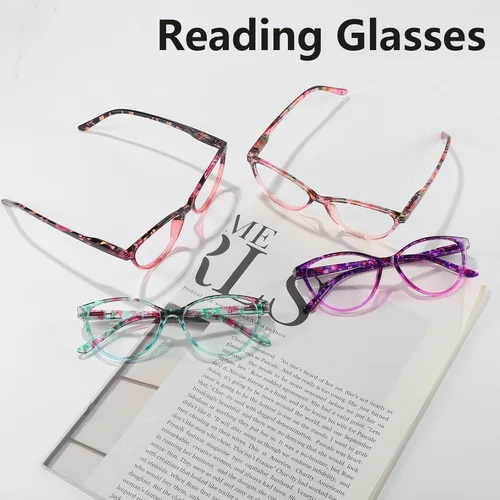 Miniatura 6 de Przene Paquete de 4 lentes de lectura con bloqueo de luz azul, lectores para mujeres y hombres con bisagra de resorte Floral Rojo/Púrpura/Rosa/Azul