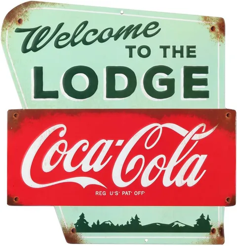 Coca-Cola Welcome to the Lodge - Letrero de metal en relieve, decoración de pared vintage para cabaña, cabaña o cueva de hombre Verde/Rojo