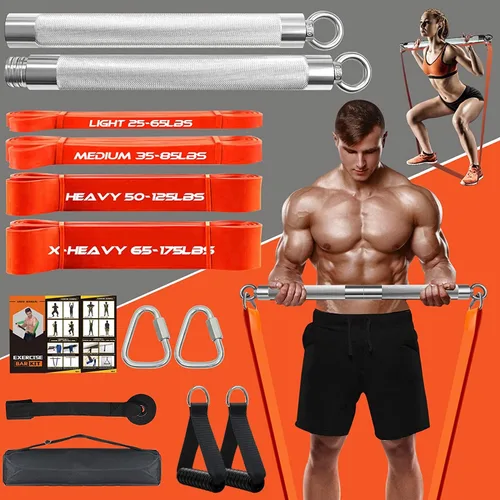 Juego de barra de resistencia portátil extra pesada para gimnasio en casa con 4 bandas de resistencia apilables, equipo de entrenamiento de cuerpo