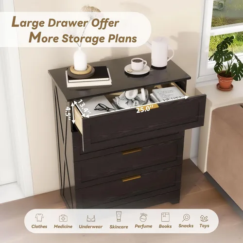 Miniatura 3 de FTZxHKLX Cómoda moderna de 4 cajones para dormitorio, cómoda alta con cajón grande y asas de oro rosa, organizador de almacenamiento de madera, Negro