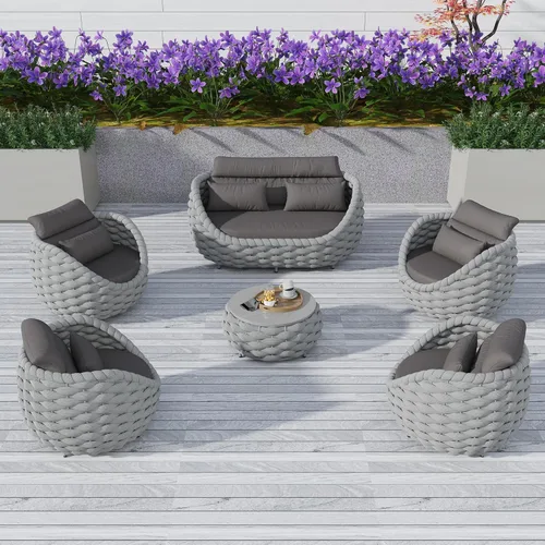 Miniatura 53 de TWT 3-Piece Woven Rope Patio Furniture Set, 2 Outdoor Armchairs with Soft Cushions + Round Aluminum Coffee Table, All-Weather Conversation Set for