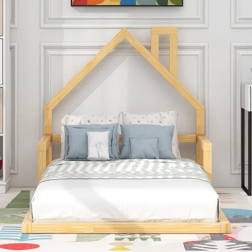 Miniatura 3 de MERITLINE - Cama de suelo de tamaño matrimonial para niños, marco de cama Montessori de madera con cabecera y rieles en forma de casa, plataforma