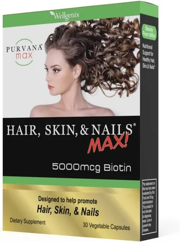 Miniatura 8 de Purvana Max Vitamina para el cabello, la piel y las uñas, 5000 mcg, biotina, ácido fólico, DMAE, extracto de semilla de uva, uno al día, soporte