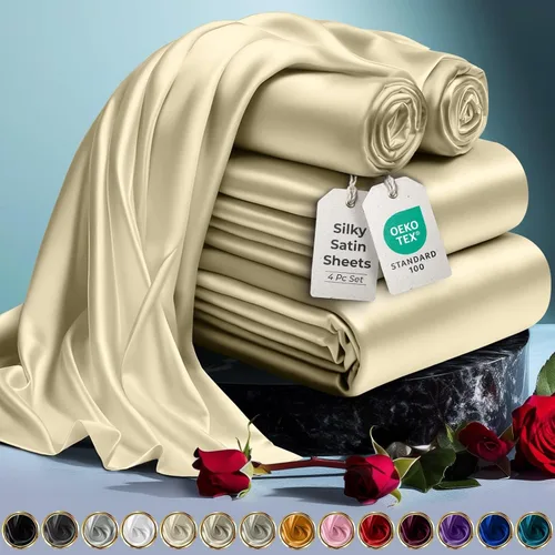 Miniatura 16 de DECOLURE Sábanas de satén para cama - Juego de 6 piezas de ropa de cama de lujo sedosa tamaño King - Más suave que la seda, sin arrugas con sábana
