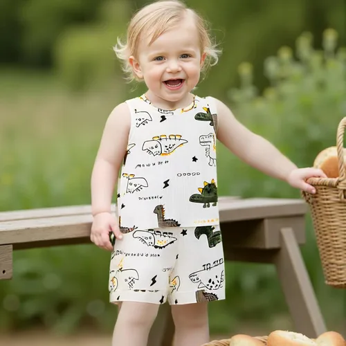 Miniatura 2 de Ledy Champswiin Ropa de niño para bebé, traje de verano con estampado de letras de dinosaurio, tops de algodón y pantalones cortos elásticos grises