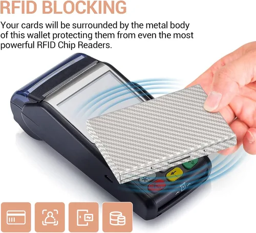 Miniatura 42 de BONSYL® Soporte para tarjetas de crédito, cartera delgada de metal con bloqueo RFID, con 6 ranuras para tarjetas, para mujeres y hombres.